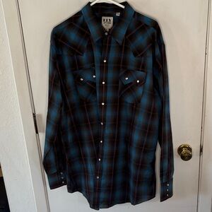 Ely Cattleman blue black red plaid long sleeve button down western shirt Sz XXLT
